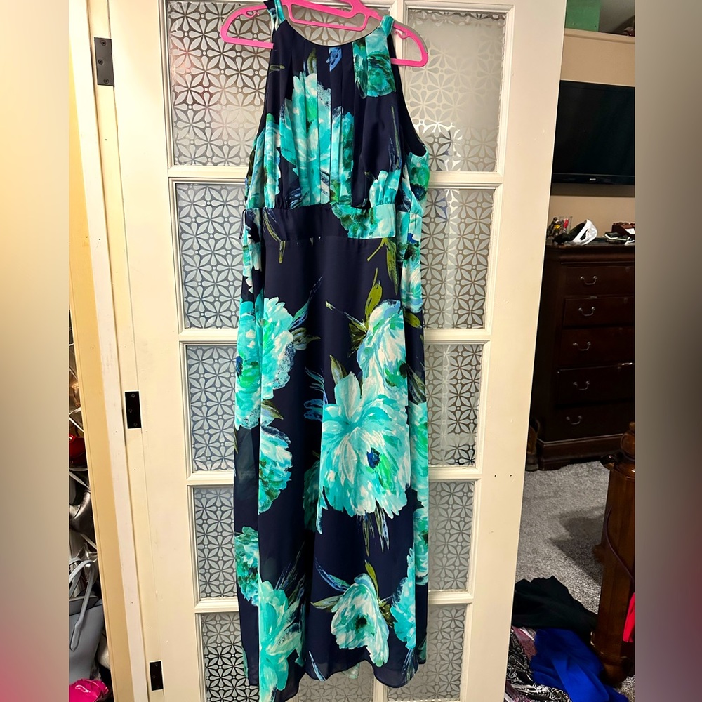 R&K navy teal floral chiffon maxi dress plus 16w